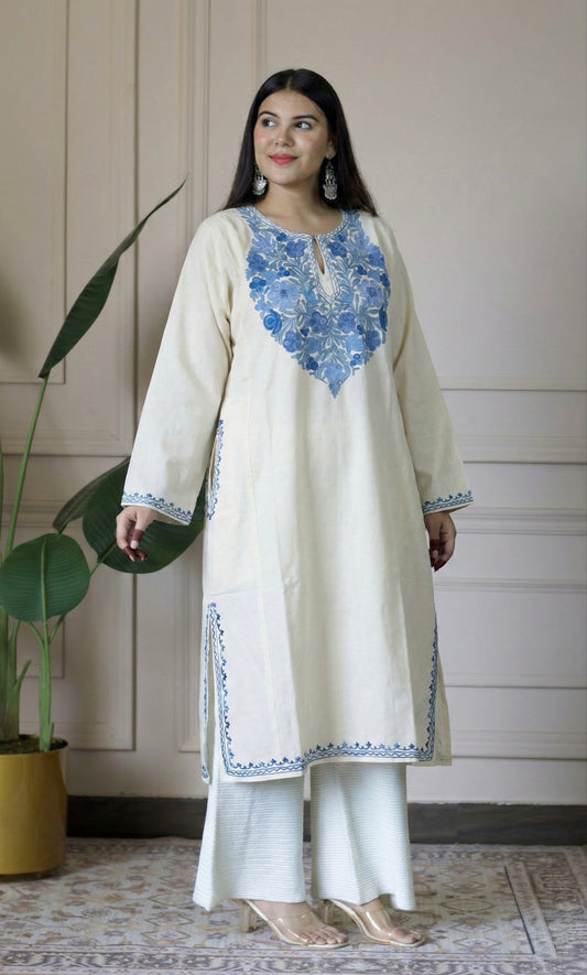 Snow Bloom Off-White Aari Embroidered Fine Cashmilon Pheran