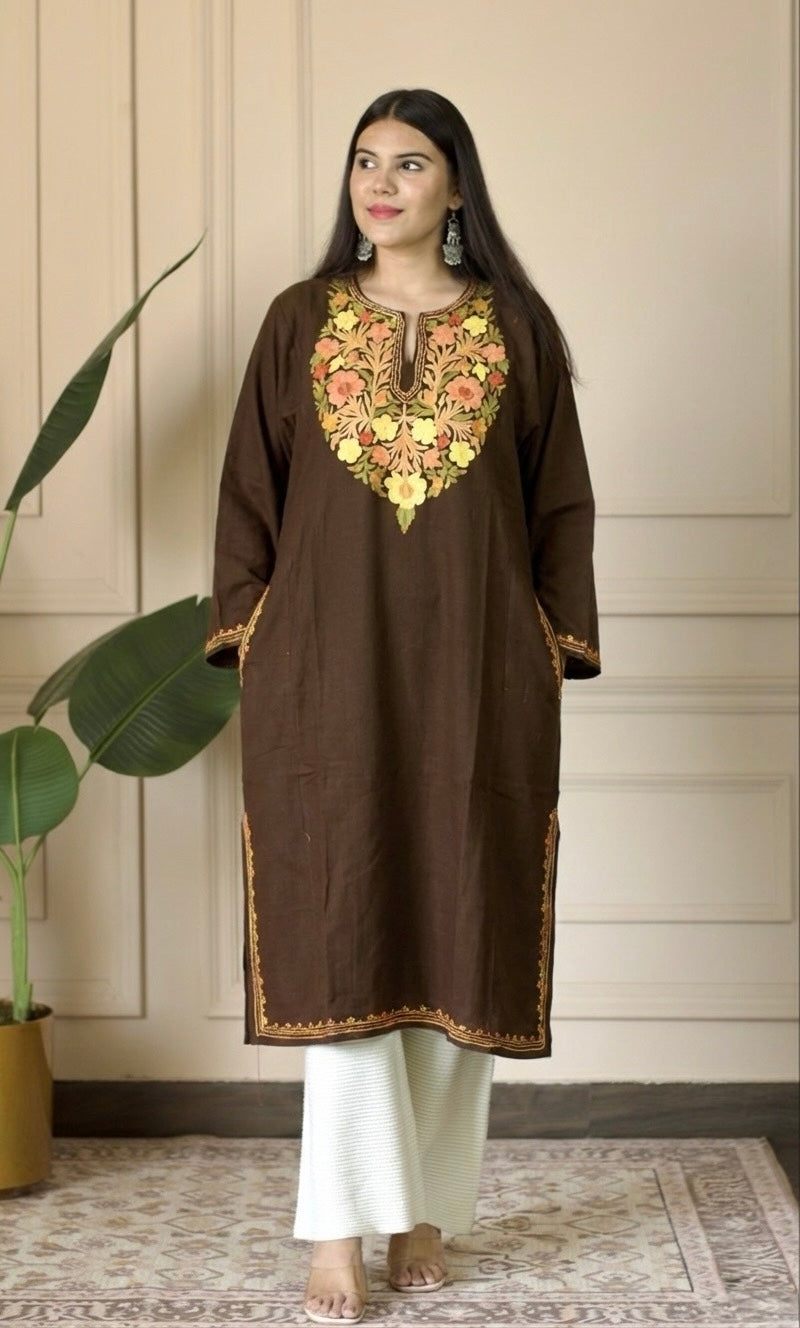 Cocoa Saffron Bloom Aari Embroidered Fine Cashmilon Pheran