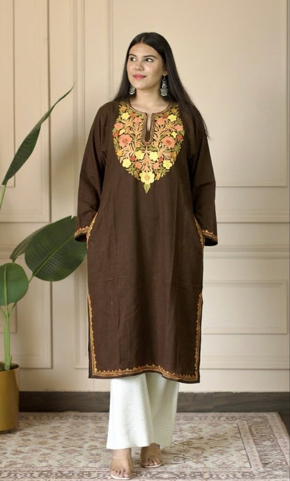Cocoa Saffron Bloom Aari Embroidered Fine Cashmilon Pheran