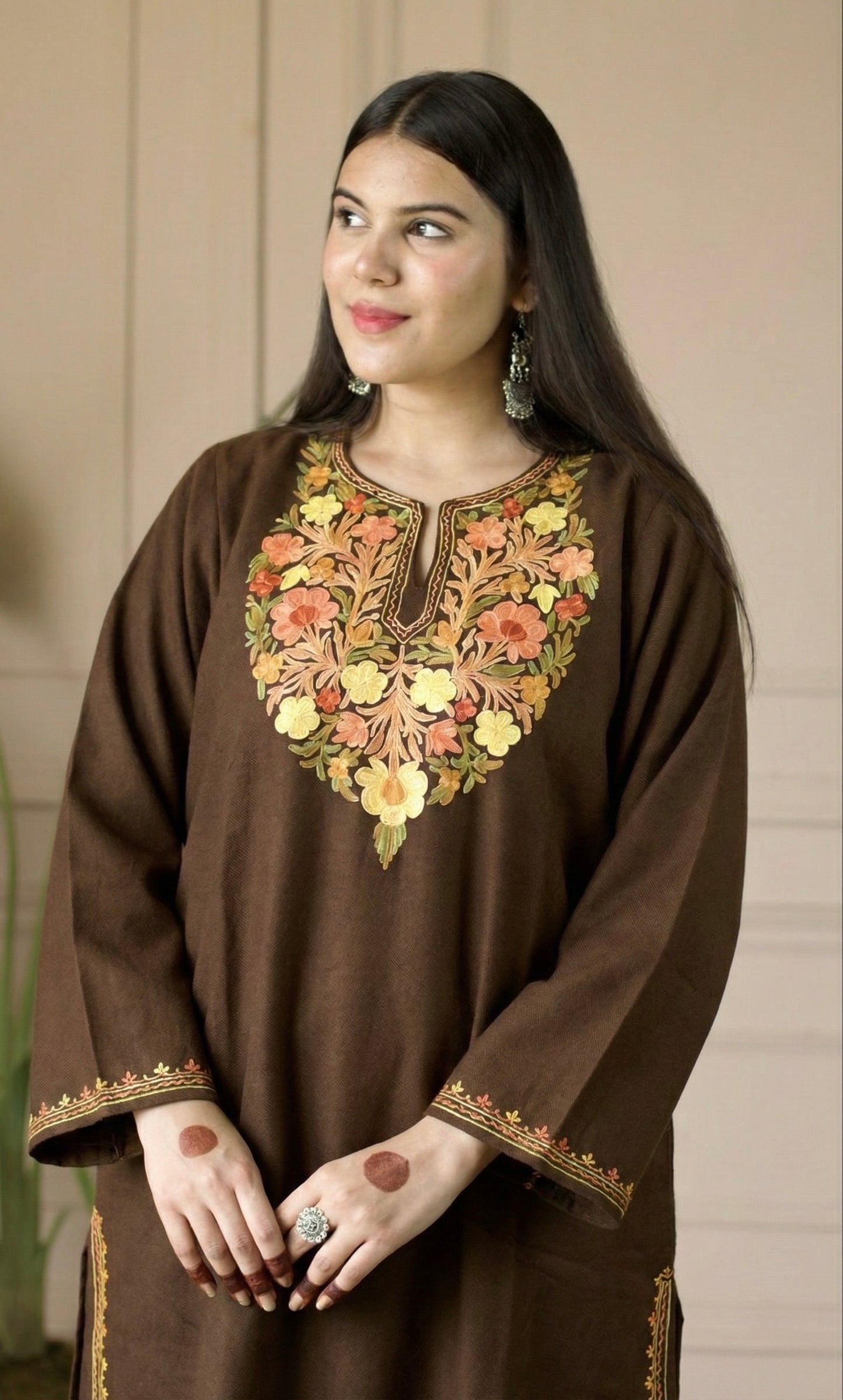 Cocoa Saffron Bloom Aari Embroidered Fine Cashmilon Pheran