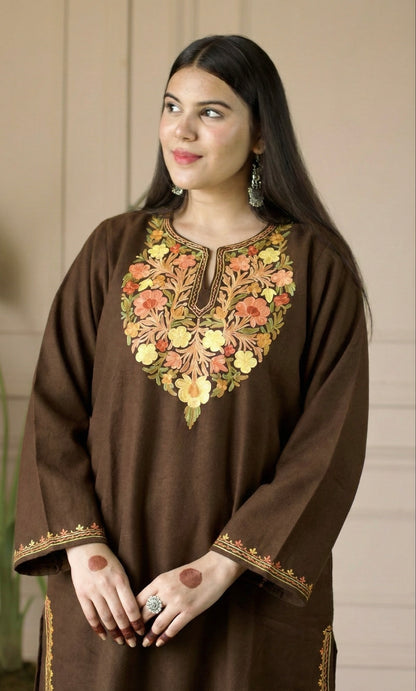 Cocoa Saffron Bloom Aari Embroidered Fine Cashmilon Pheran