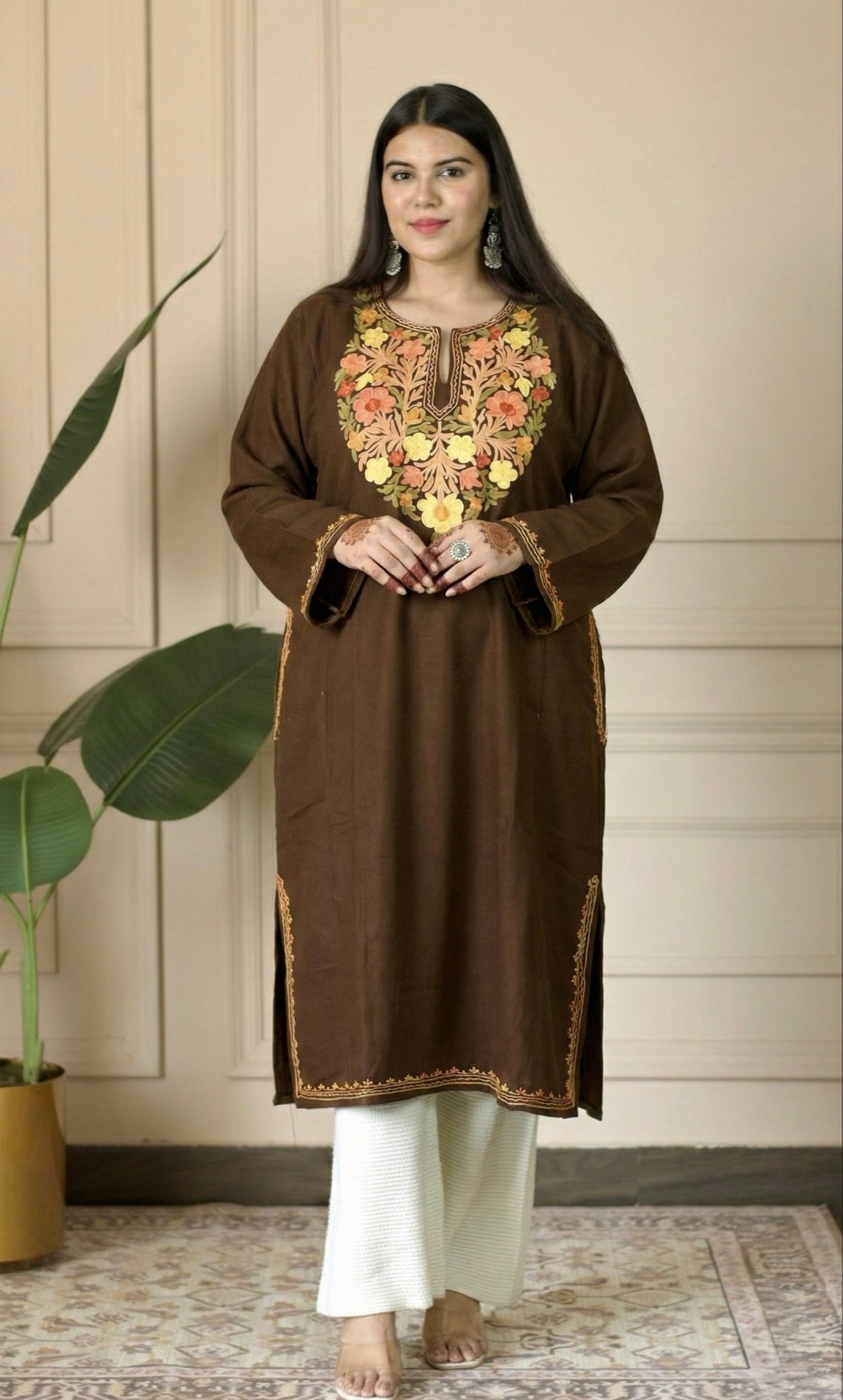 Cocoa Saffron Bloom Aari Embroidered Fine Cashmilon Pheran