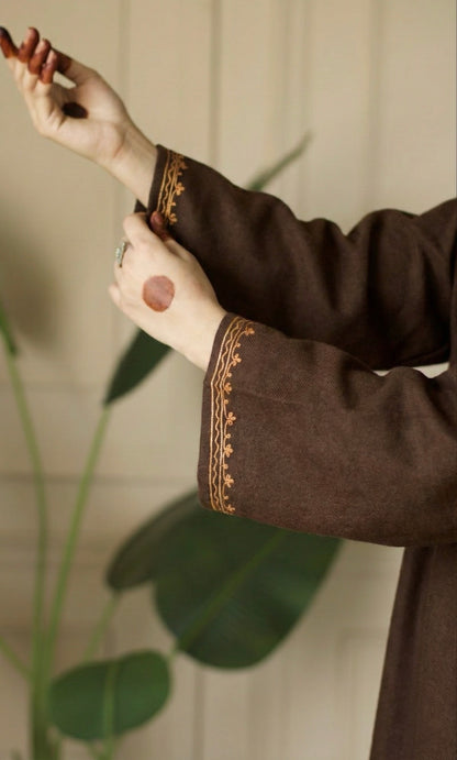 Cocoa Saffron Bloom Aari Embroidered Fine Cashmilon Pheran