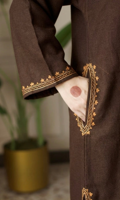 Cocoa Saffron Bloom Aari Embroidered Fine Cashmilon Pheran