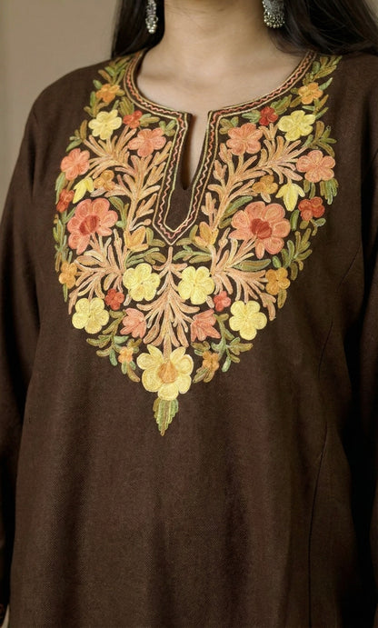 Cocoa Saffron Bloom Aari Embroidered Fine Cashmilon Pheran