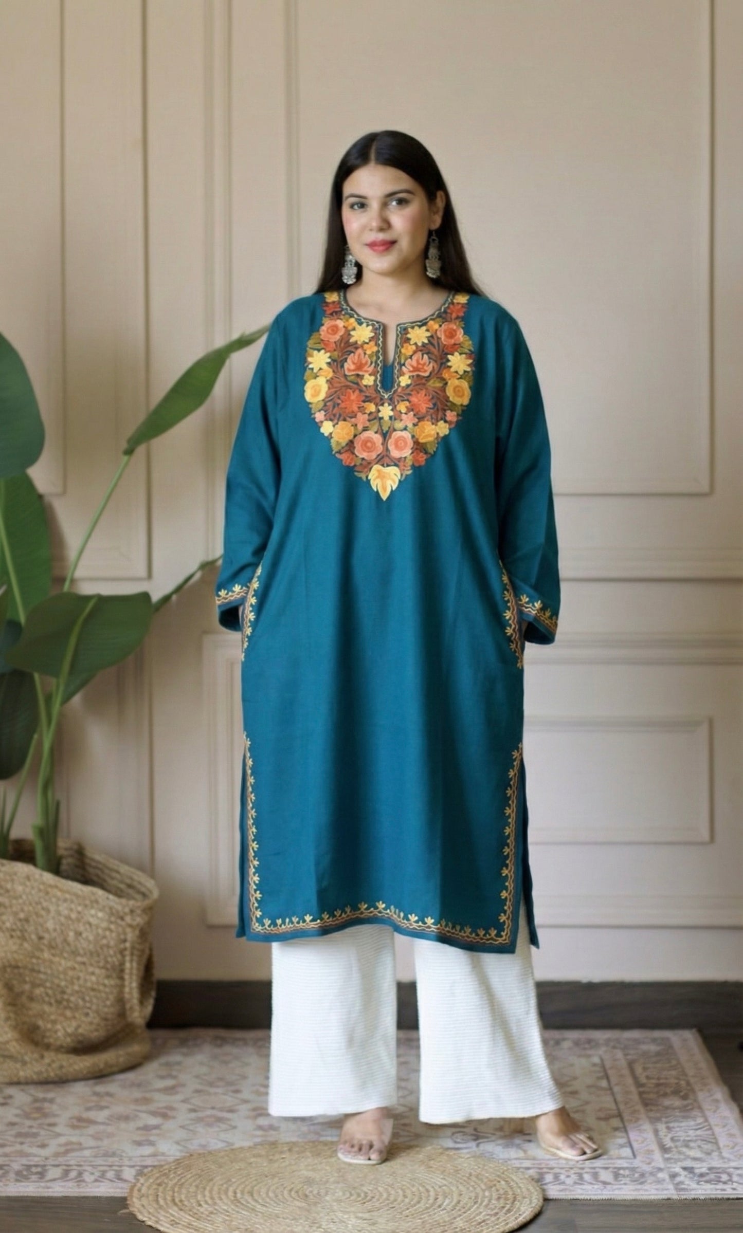 Aqua Saffron Bloom Aari Embroidered Fine Cashmilon Pheran