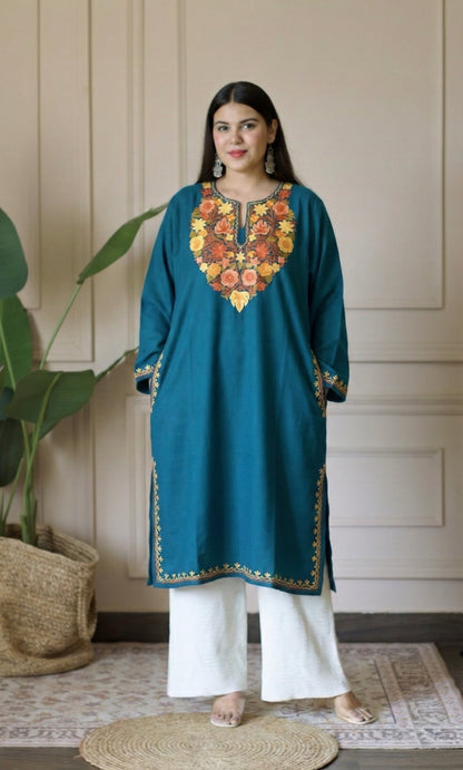 Aqua Saffron Bloom Aari Embroidered Fine Cashmilon Pheran