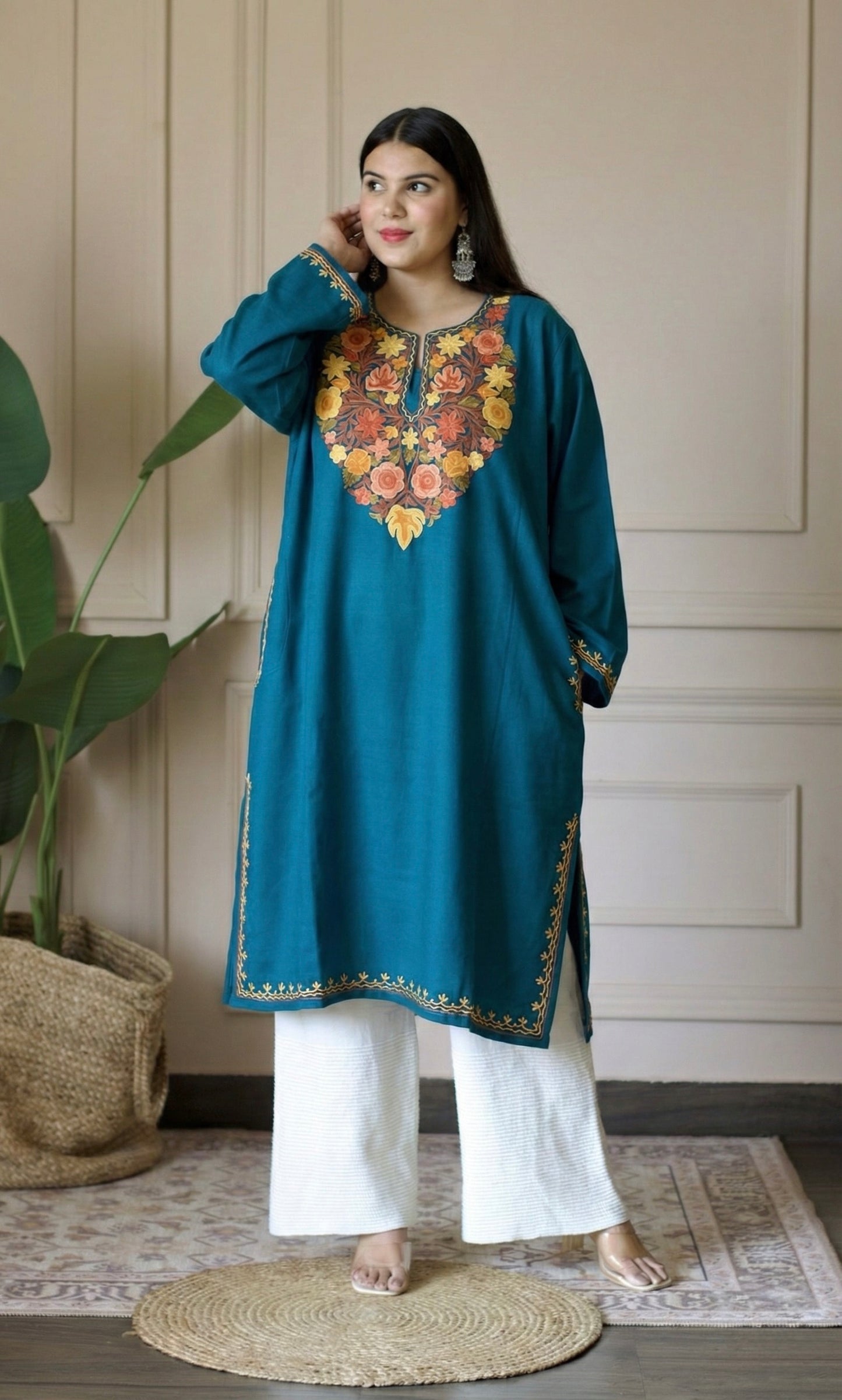 Aqua Saffron Bloom Aari Embroidered Fine Cashmilon Pheran
