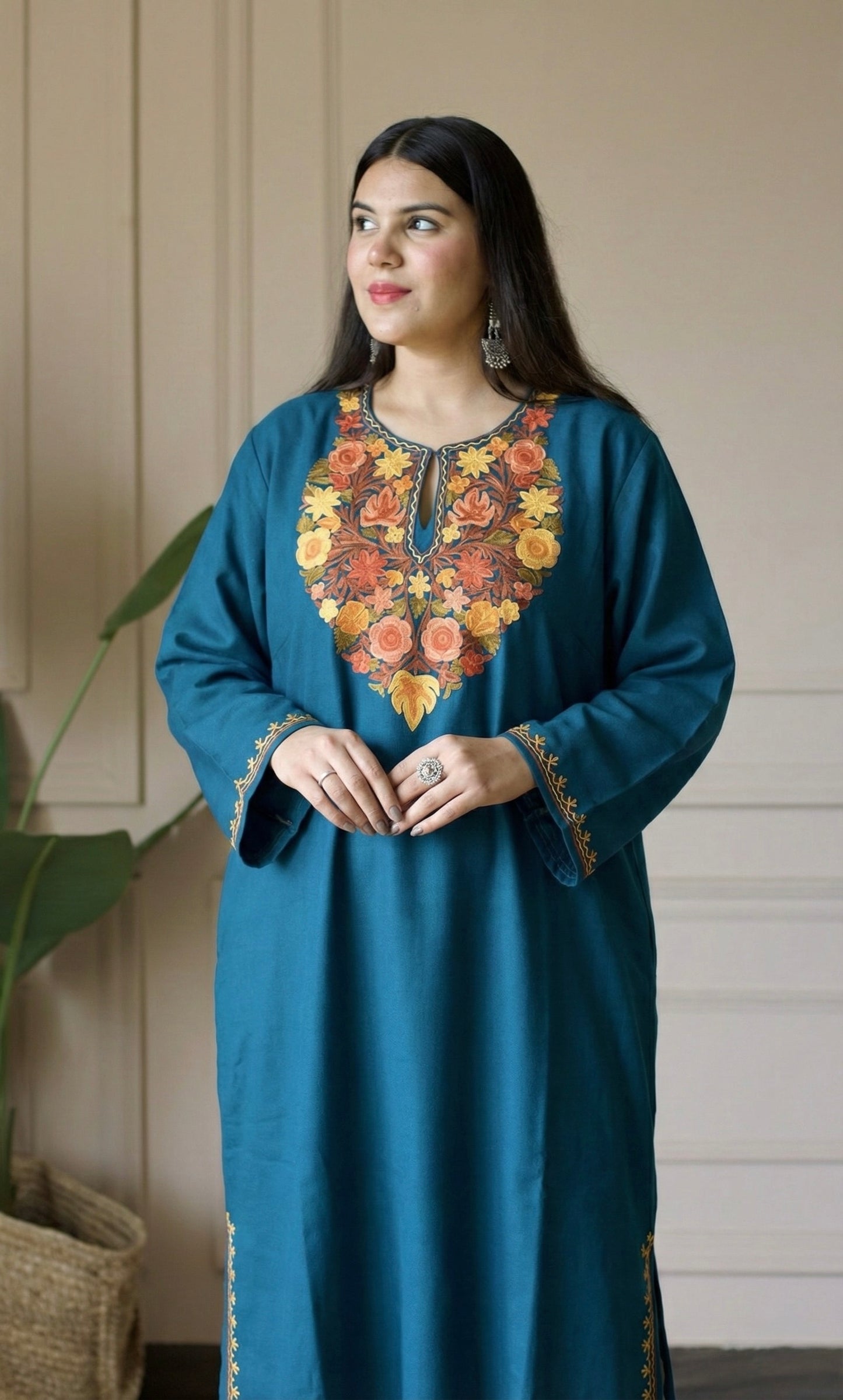 Aqua Saffron Bloom Aari Embroidered Fine Cashmilon Pheran