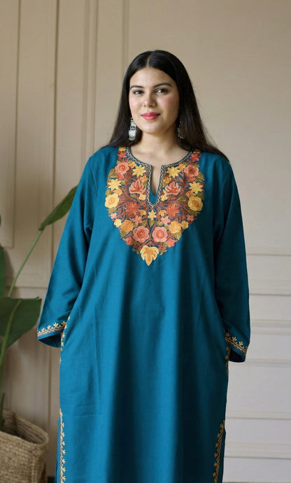 Aqua Saffron Bloom Aari Embroidered Fine Cashmilon Pheran