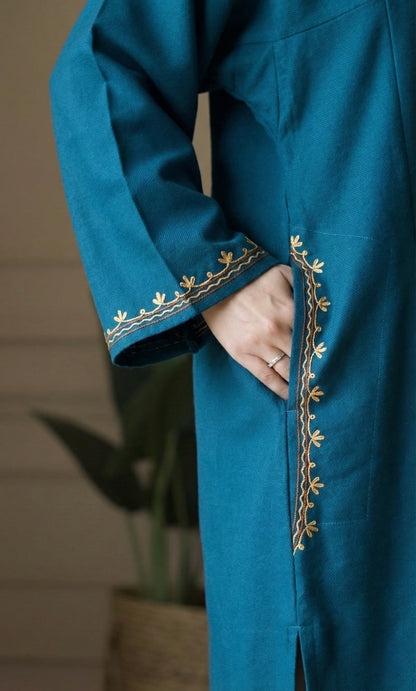 Aqua Saffron Bloom Aari Embroidered Fine Cashmilon Pheran