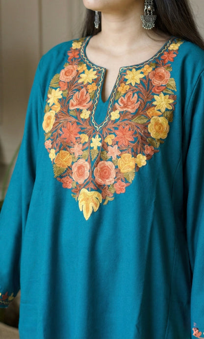 Aqua Saffron Bloom Aari Embroidered Fine Cashmilon Pheran