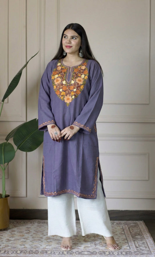 Soft Ember Aubergine Aari Embroidered Fine Cashmilon Pheran