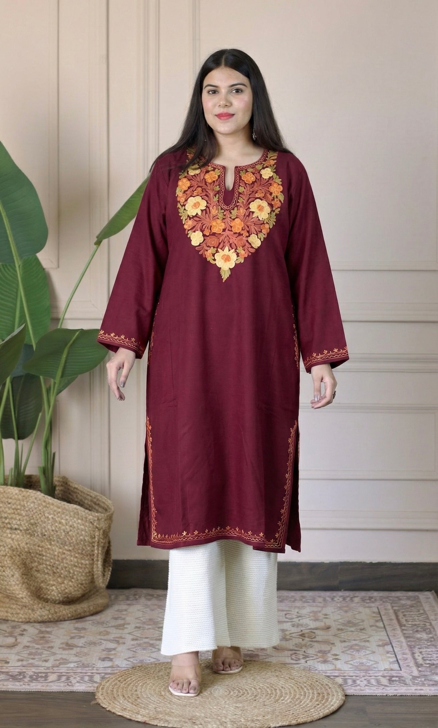Amber Flame Maroon Aari Embroidered Fine Cashmilon Pheran