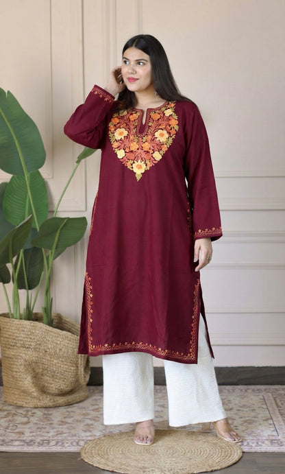 Amber Flame Maroon Aari Embroidered Fine Cashmilon Pheran