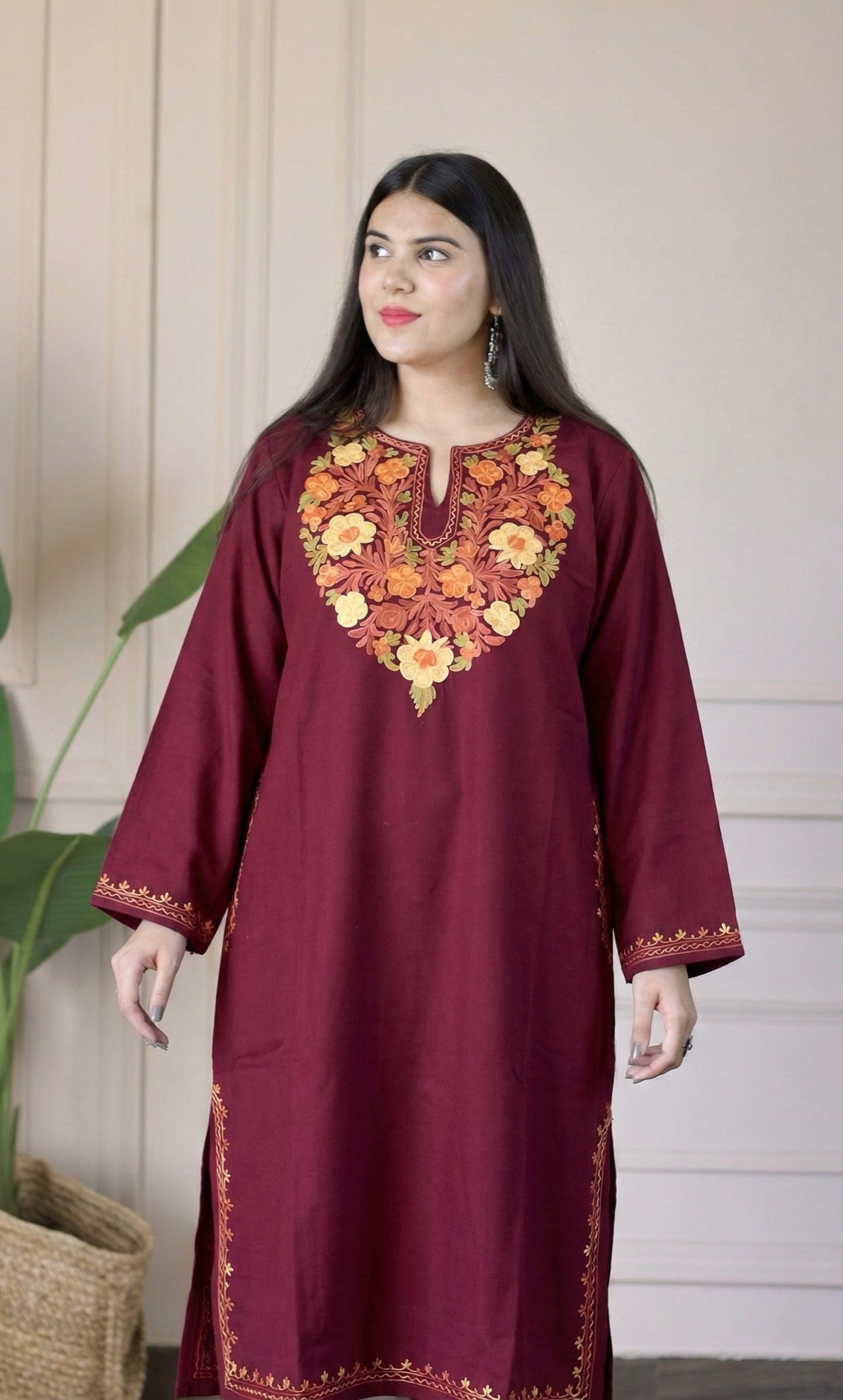 Amber Flame Maroon Aari Embroidered Fine Cashmilon Pheran