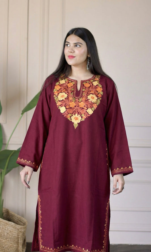 Amber Flame Maroon Aari Embroidered Fine Cashmilon Pheran