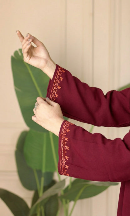Amber Flame Maroon Aari Embroidered Fine Cashmilon Pheran