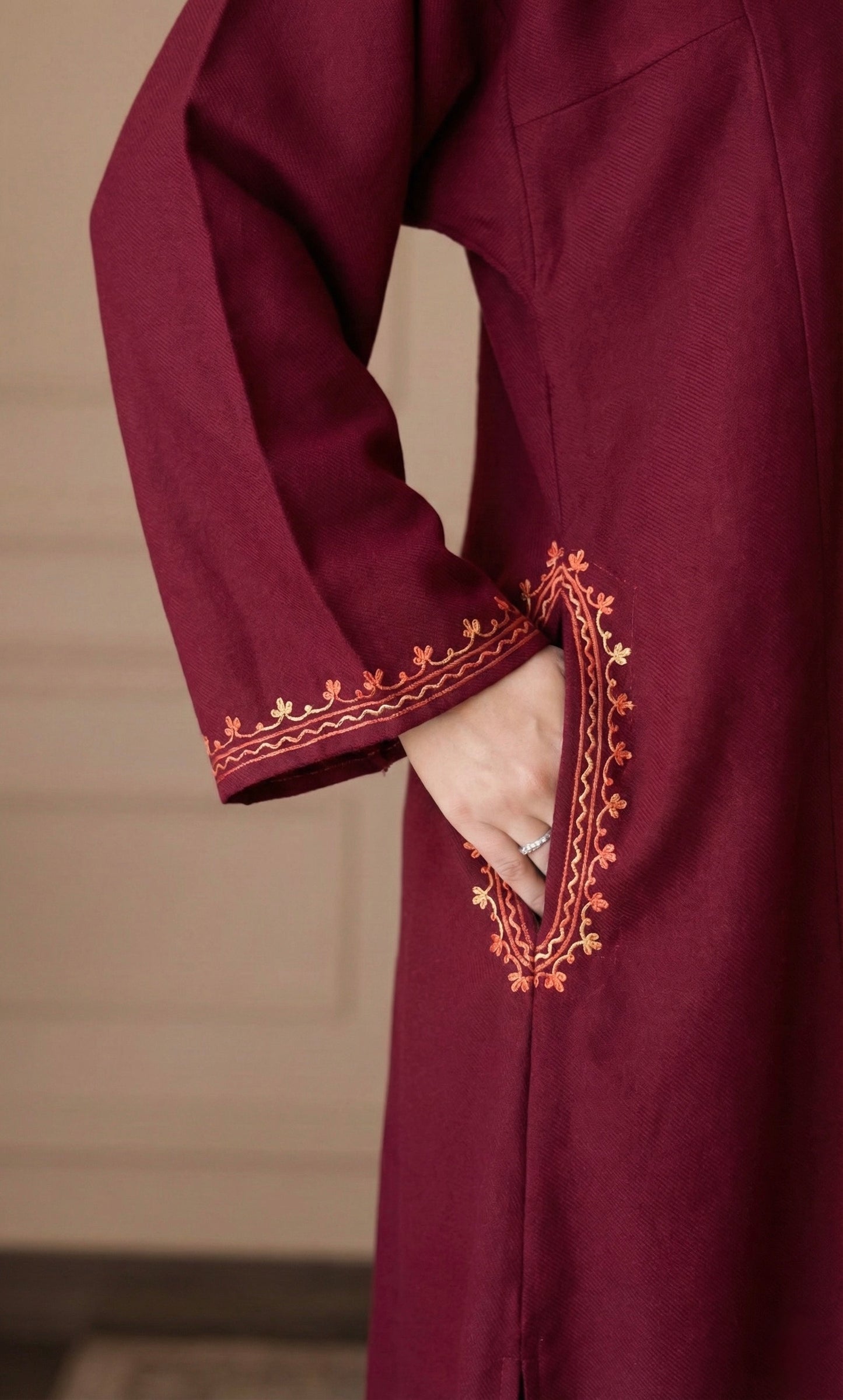 Amber Flame Maroon Aari Embroidered Fine Cashmilon Pheran