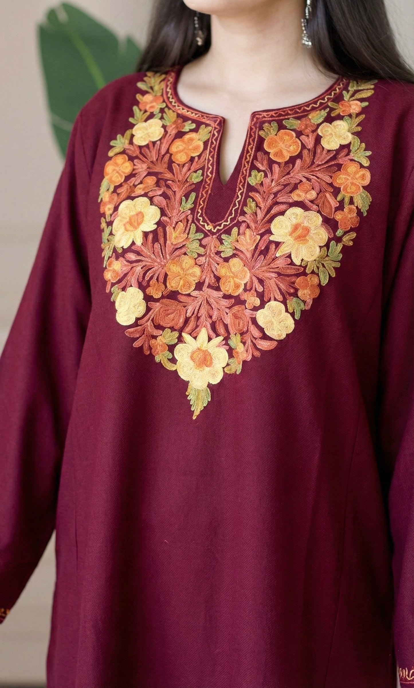 Amber Flame Maroon Aari Embroidered Fine Cashmilon Pheran