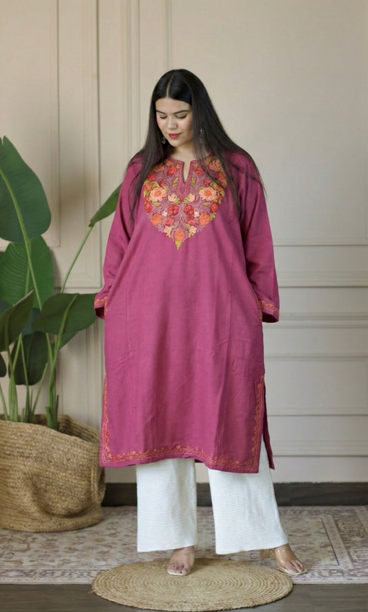Blush Ember Bloom Aari Embroidered Fine Cashmilon Pheran