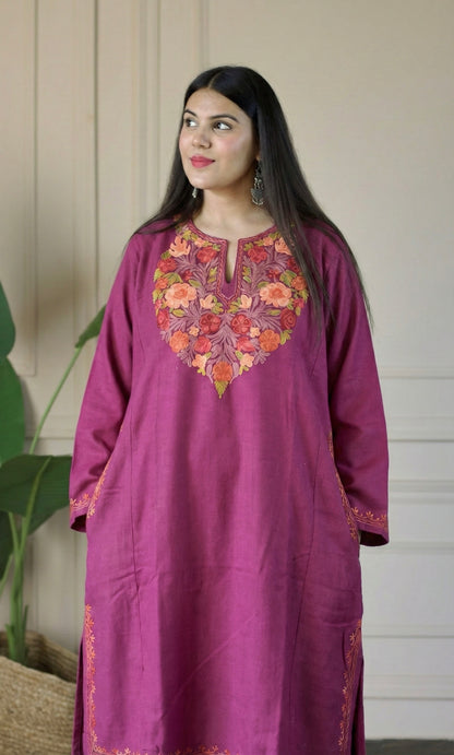 Blush Ember Bloom Aari Embroidered Fine Cashmilon Pheran