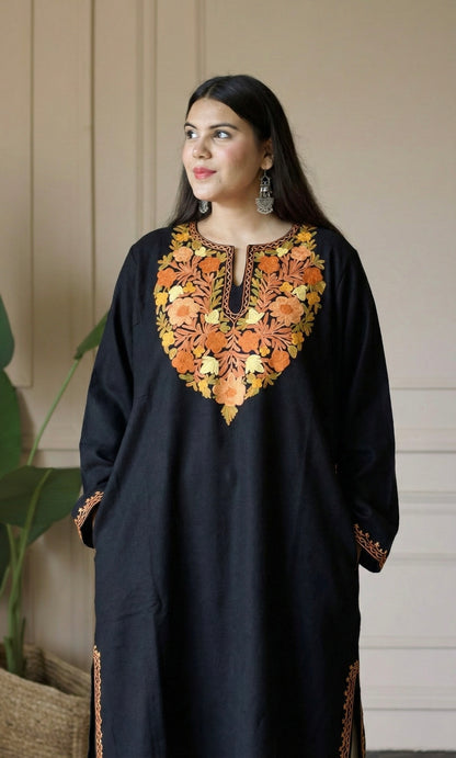 Ember Bloom Black Aari Embroidered Fine Cashmilon Pheran