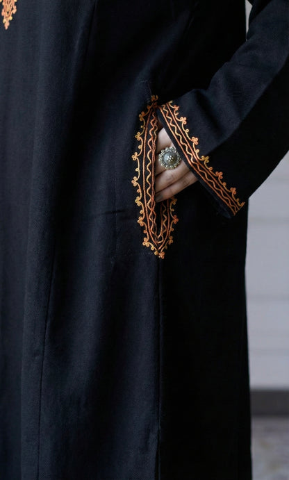 Ember Bloom Black Aari Embroidered Fine Cashmilon Pheran