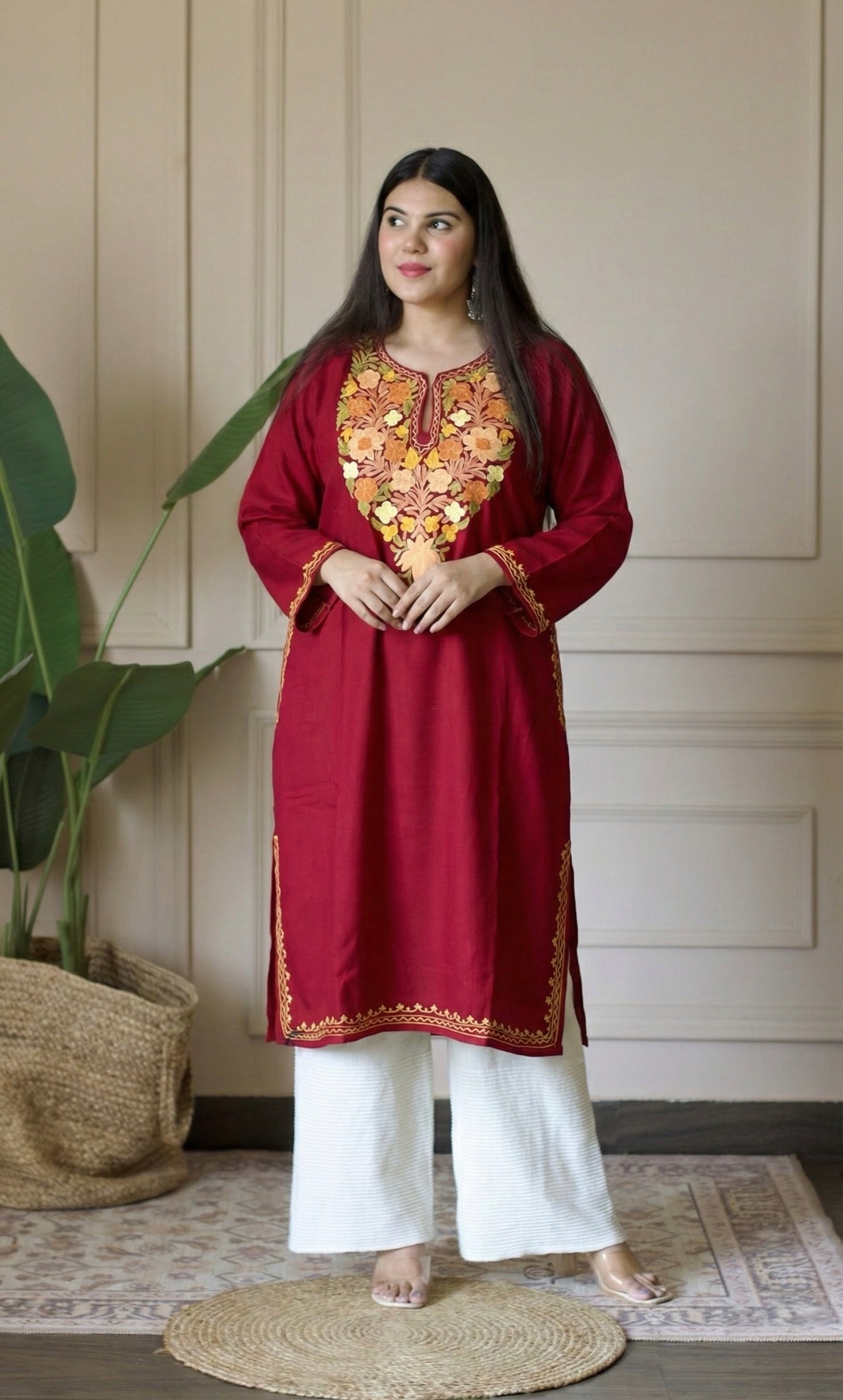 Crimson Saffron Bloom Aari Embroidered Fine Cashmilon Pheran