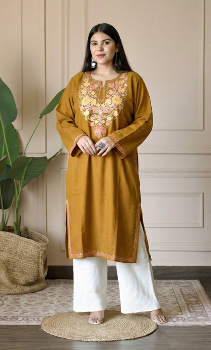 Amber Bloom Deep Mustard Aari Embroidered Fine Cashmilon Pheran