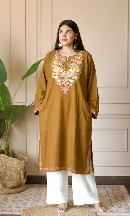Amber Bloom Deep Mustard Aari Embroidered Fine Cashmilon Pheran