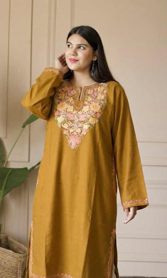 Amber Bloom Deep Mustard Aari Embroidered Fine Cashmilon Pheran