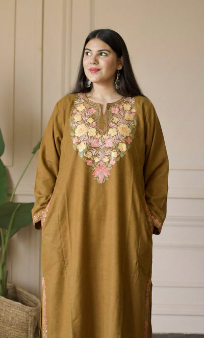 Amber Bloom Deep Mustard Aari Embroidered Fine Cashmilon Pheran