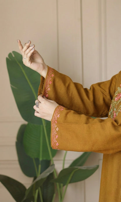 Amber Bloom Deep Mustard Aari Embroidered Fine Cashmilon Pheran