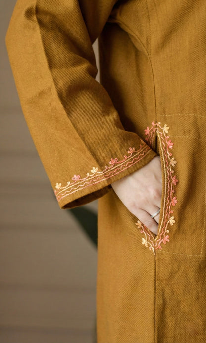 Amber Bloom Deep Mustard Aari Embroidered Fine Cashmilon Pheran