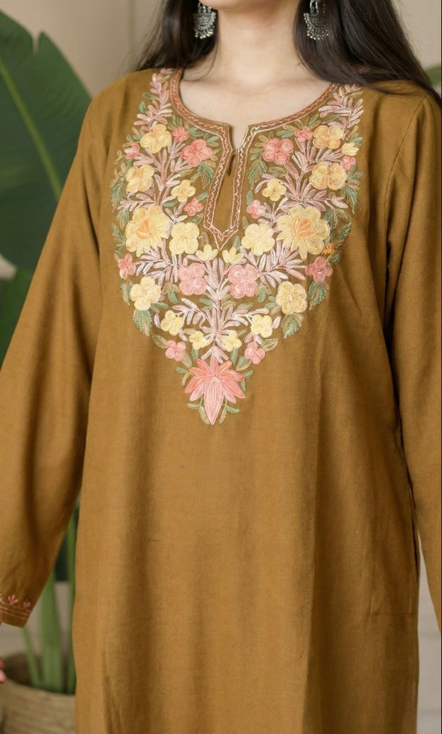 Amber Bloom Deep Mustard Aari Embroidered Fine Cashmilon Pheran