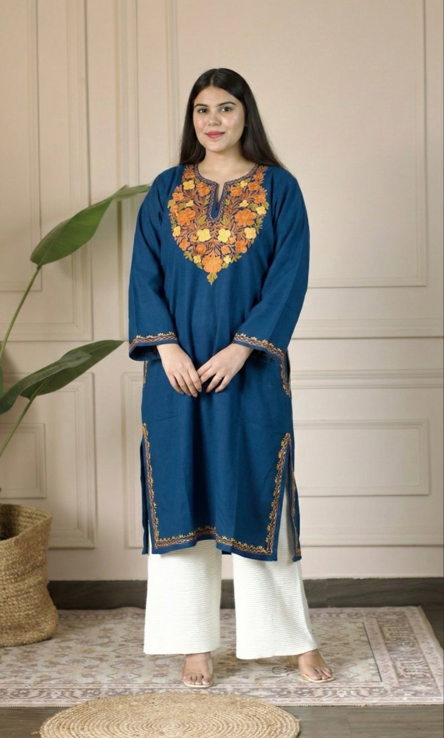 Sunfire Bloom Blue Aari Embroidered Fine Cashmilon Pheran
