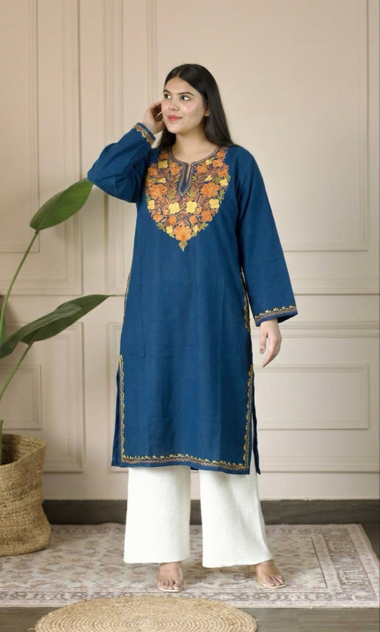 Sunfire Bloom Blue Aari Embroidered Fine Cashmilon Pheran