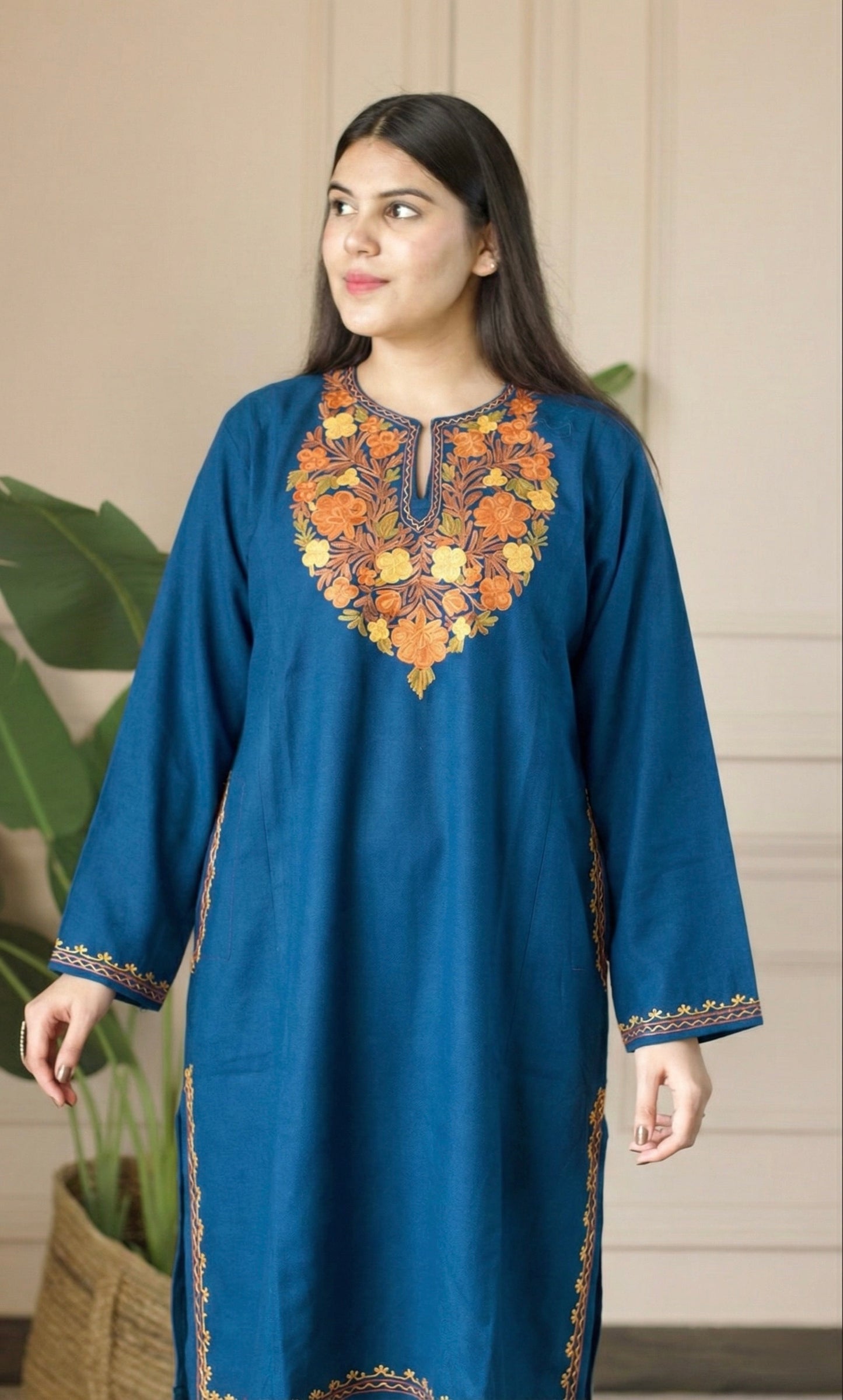 Sunfire Bloom Blue Aari Embroidered Fine Cashmilon Pheran