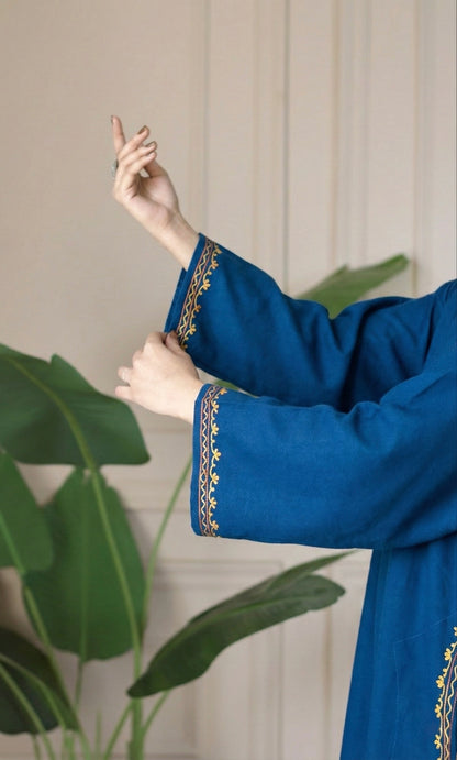 Sunfire Bloom Blue Aari Embroidered Fine Cashmilon Pheran