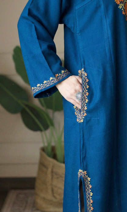 Sunfire Bloom Blue Aari Embroidered Fine Cashmilon Pheran