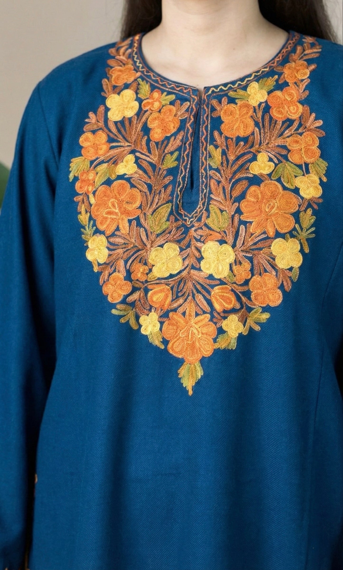 Sunfire Bloom Blue Aari Embroidered Fine Cashmilon Pheran