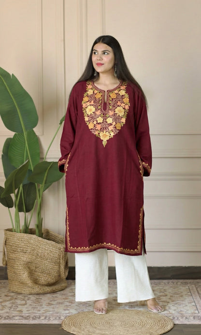 Maroon Saffron Bloom Aari Embroidered Fine Cashmilon Pheran