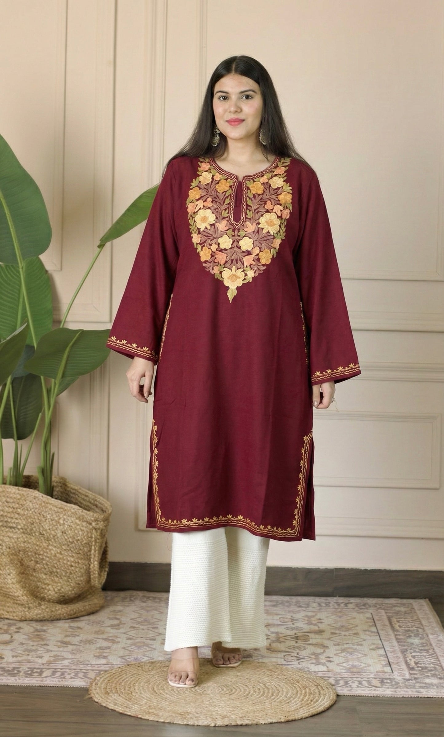 Maroon Saffron Bloom Aari Embroidered Fine Cashmilon Pheran
