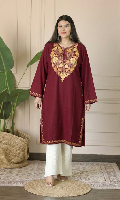 Maroon Saffron Bloom Aari Embroidered Fine Cashmilon Pheran