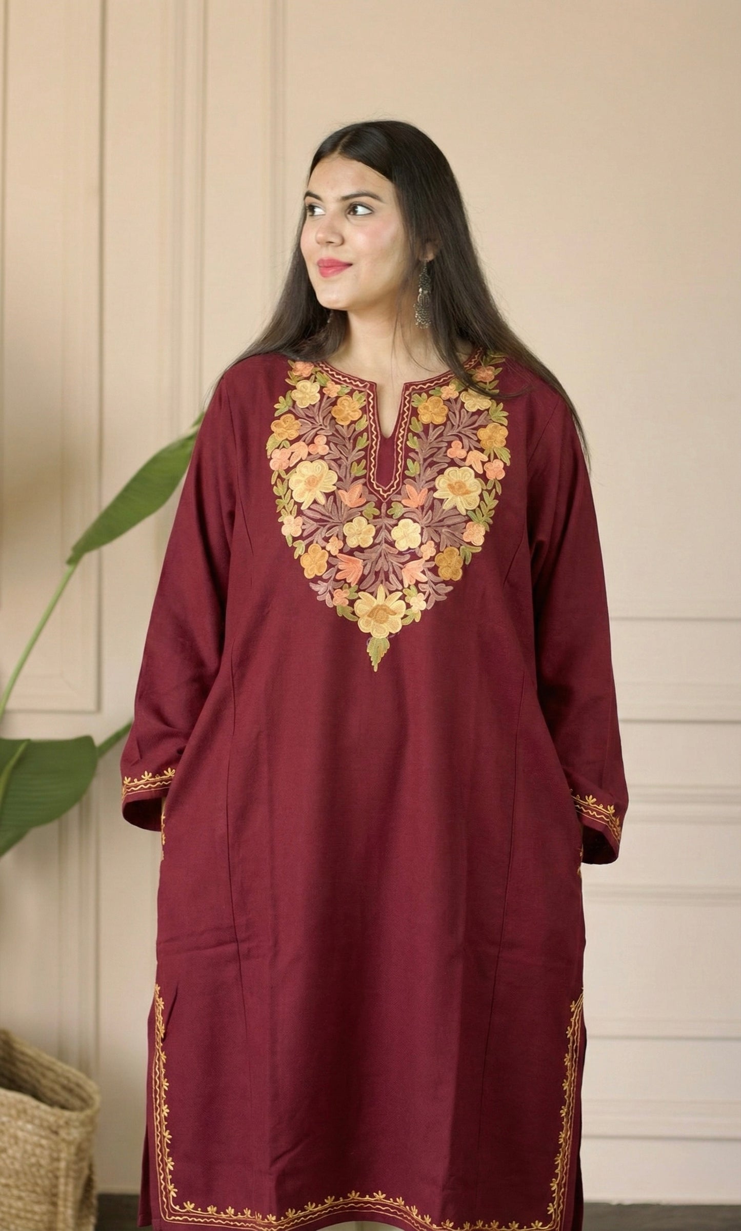 Maroon Saffron Bloom Aari Embroidered Fine Cashmilon Pheran
