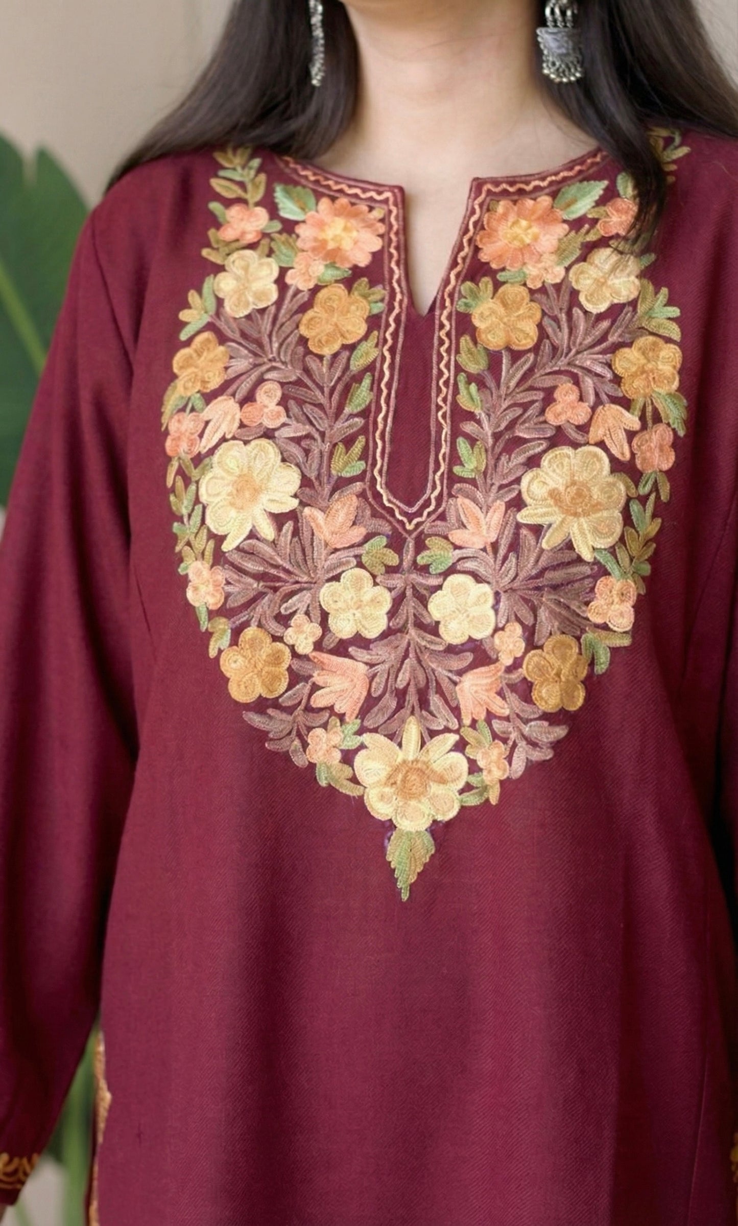 Maroon Saffron Bloom Aari Embroidered Fine Cashmilon Pheran