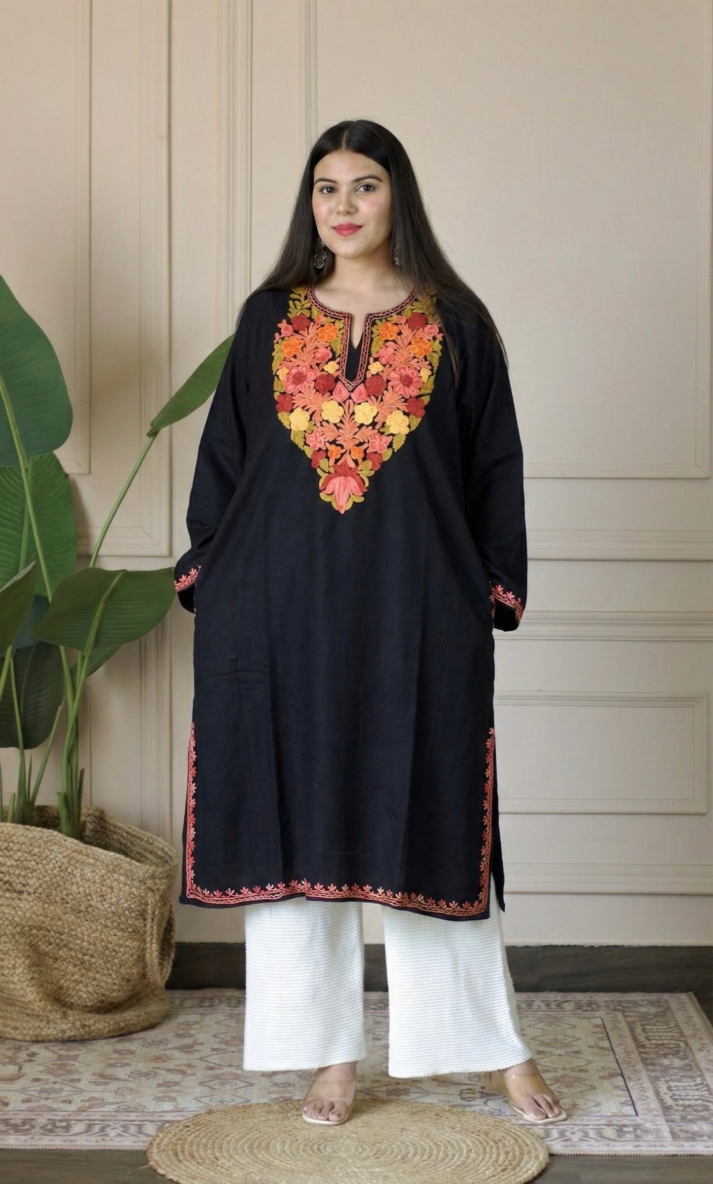 Ember Rose Black Aari Embroidered Fine Cashmilon Pheran