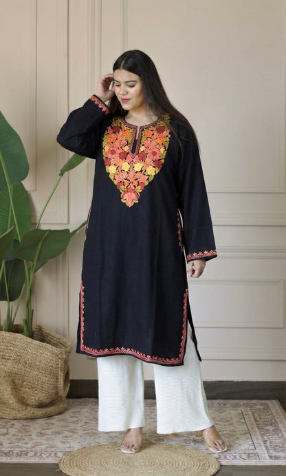 Ember Rose Black Aari Embroidered Fine Cashmilon Pheran