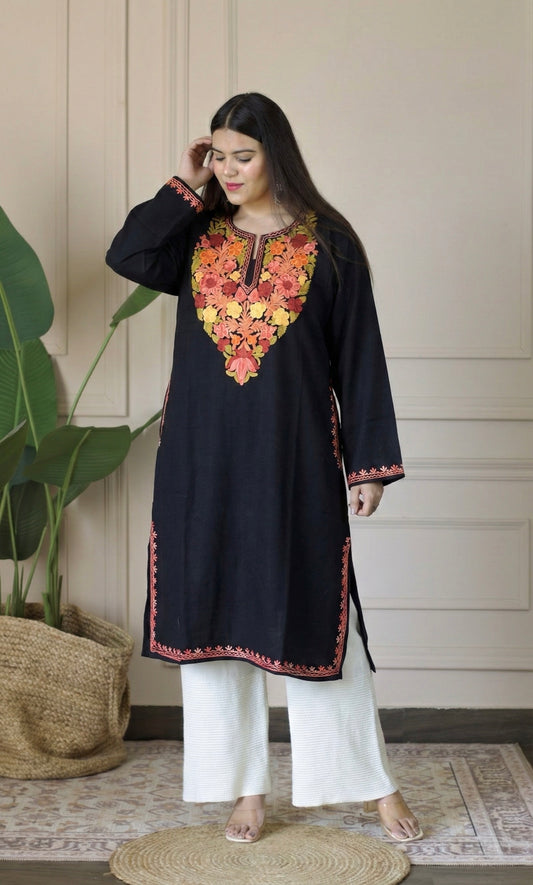Ember Rose Black Aari Embroidered Fine Cashmilon Pheran